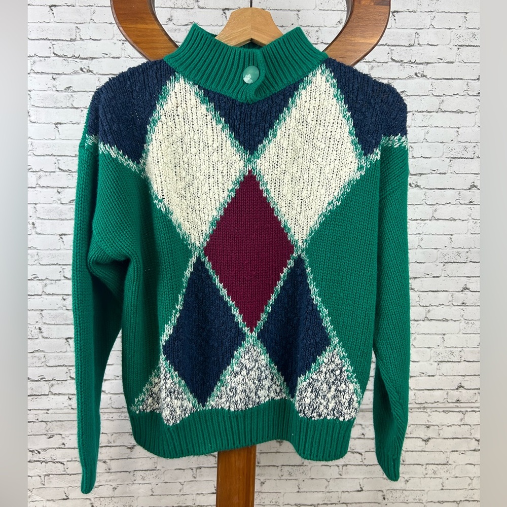 Spice of Life | Vintage Emerald Argyle Women's Turtleneck Sweater size M